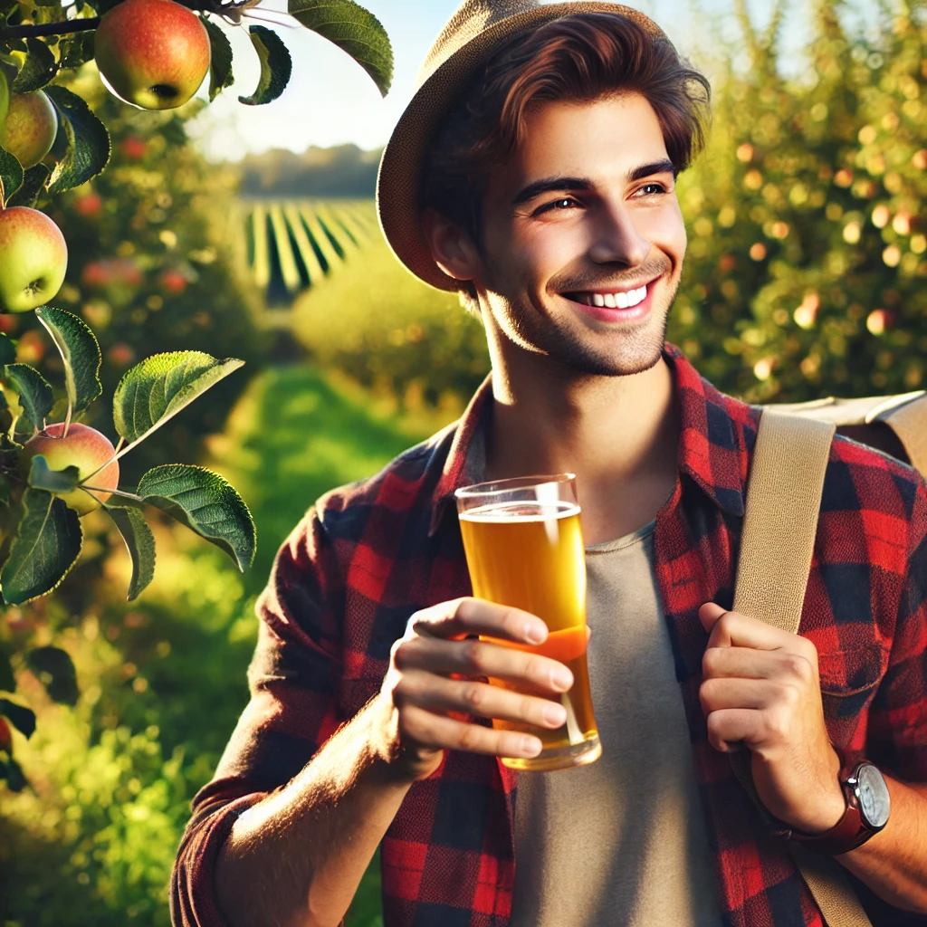 Un voyageur joyeux dégustant du cidre dans un cadre pittoresque entouré de pommiers.