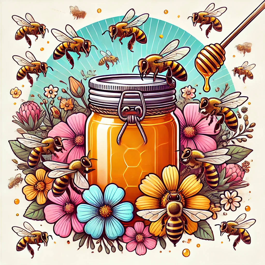 Un pot de miel entouré d'abeilles butinant des fleurs