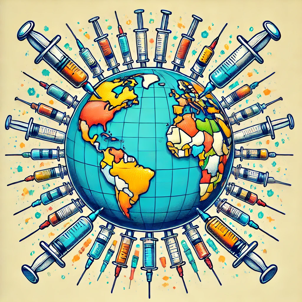 Globe terrestre avec des seringues représentant les vaccins.