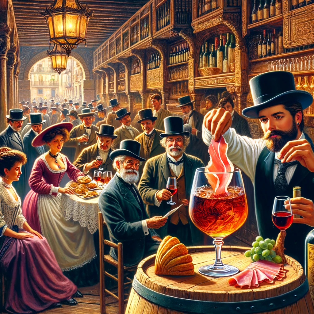 Une scène historique avec des personnes en tenue d'époque dans un bar espagnol traditionnel, un serveur couvrant un verre de vin avec une tranche de jambon.