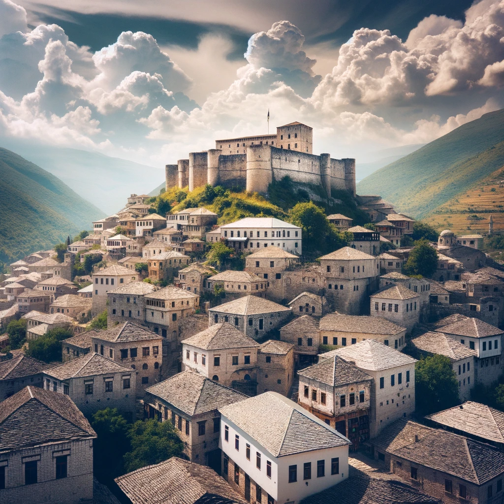 Illustration des maisons en pierre de Gjirokastër, Albanie.