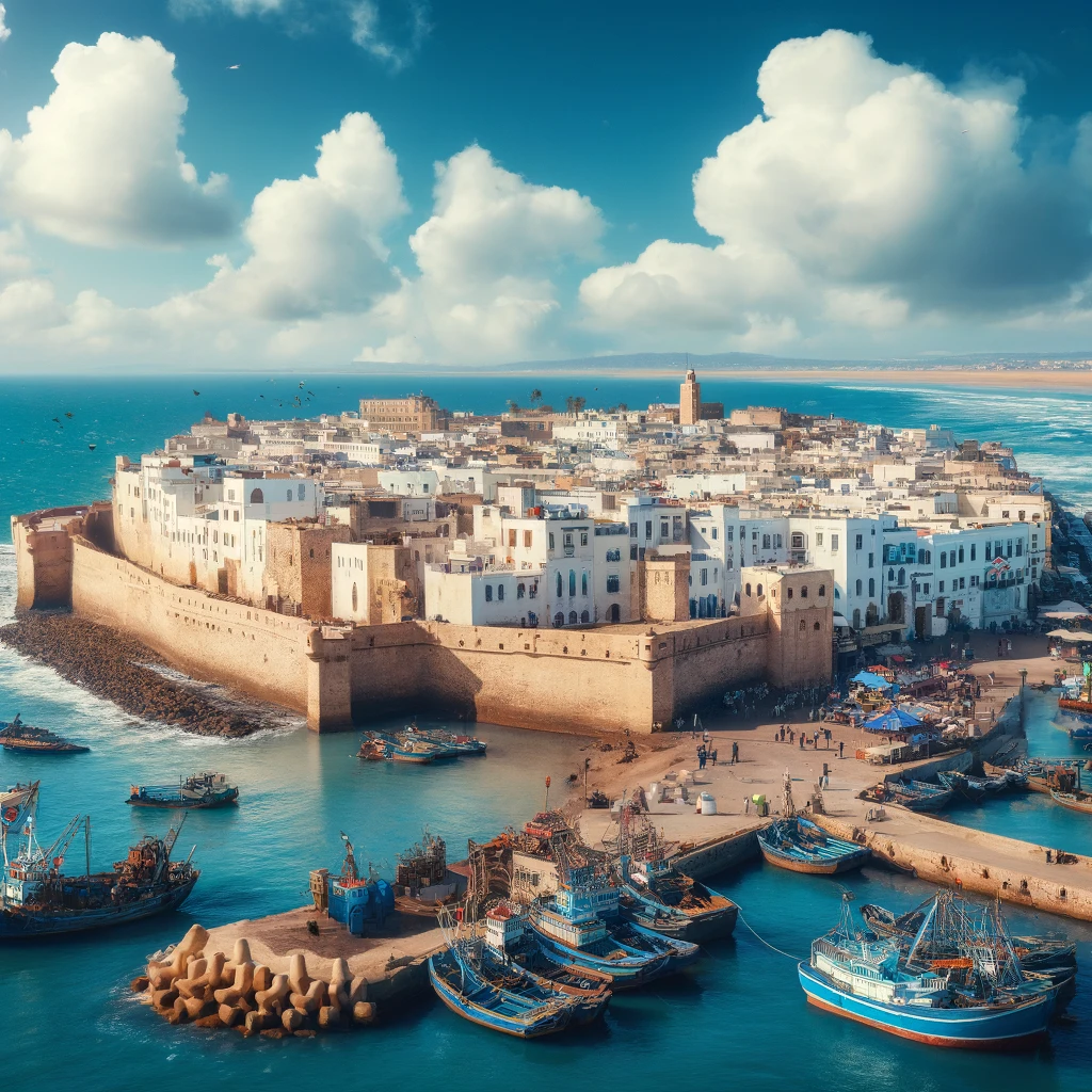 Illustration de la médina fortifiée et du port d'Essaouira, Maroc.