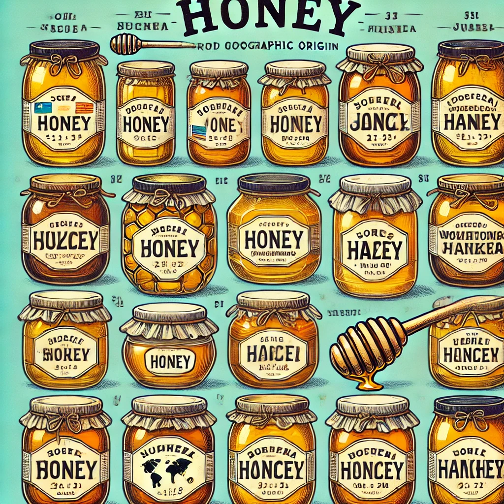 Pots de miel étiquetés selon leur origine géographique