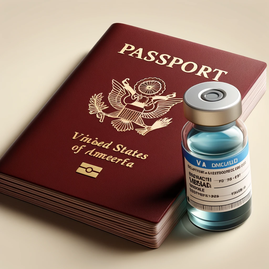 Passeport et flacon de vaccin placés l'un à côté de l'autre.
