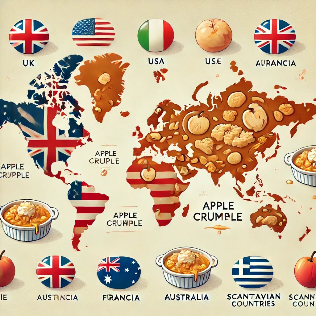 Une carte du monde avec des symboles de crumble aux pommes sur différents pays.