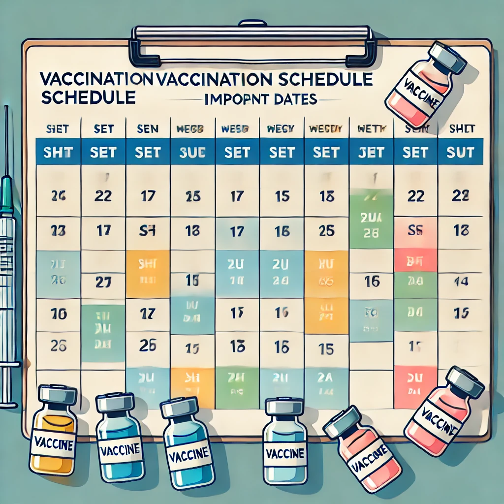 Un calendrier de vaccination avec des dates et des flacons de vaccins.