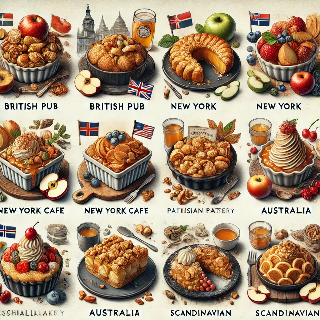 Un assortiment de crumbles aux pommes dans différents styles et présentations de divers pays.