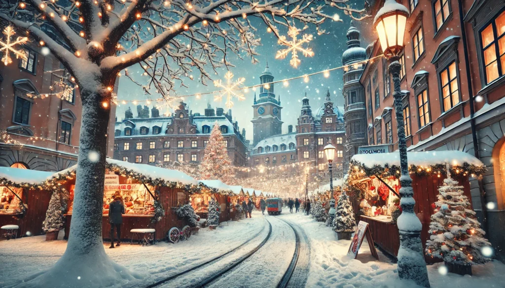 Des rues enneigées et décorations de Noël à Stockholm