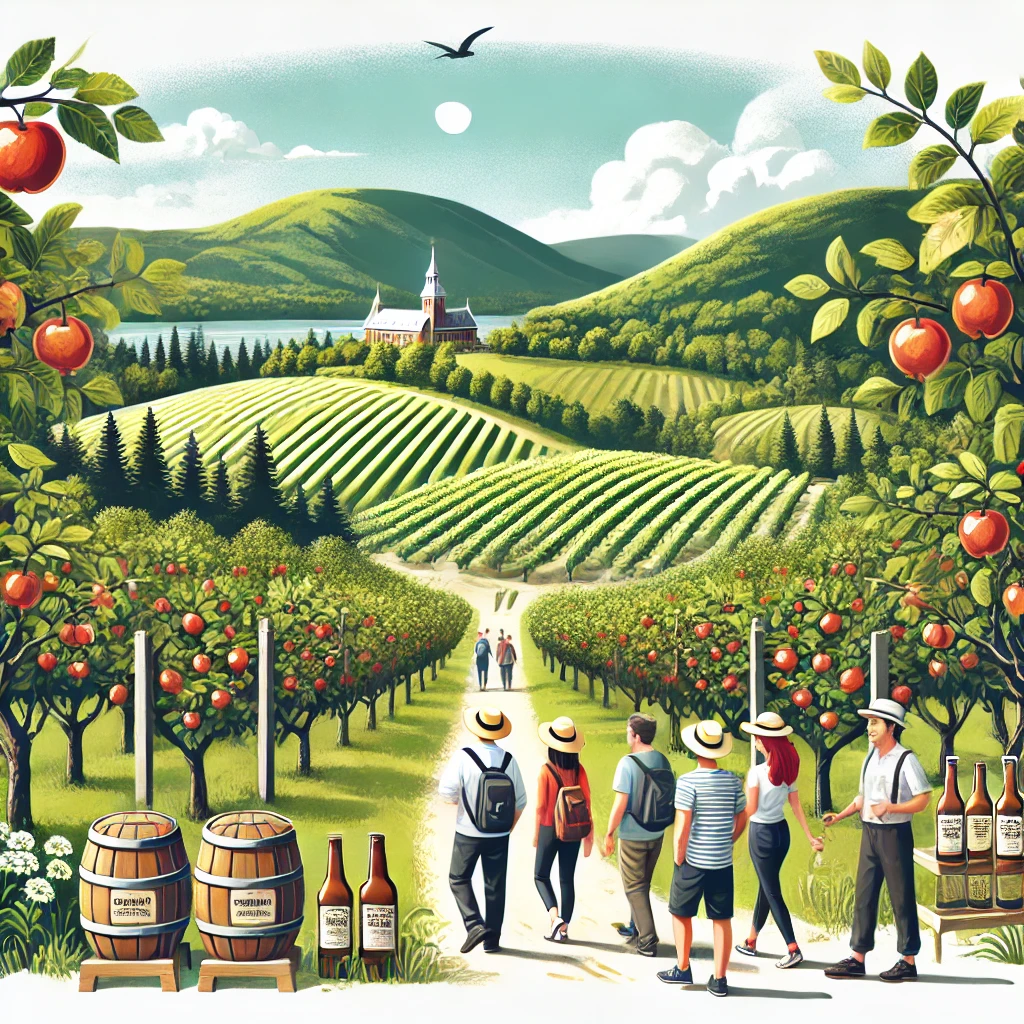 Un tour pittoresque de verger de cidre au Québec, Canada, avec des visiteurs dégustant des cidres.