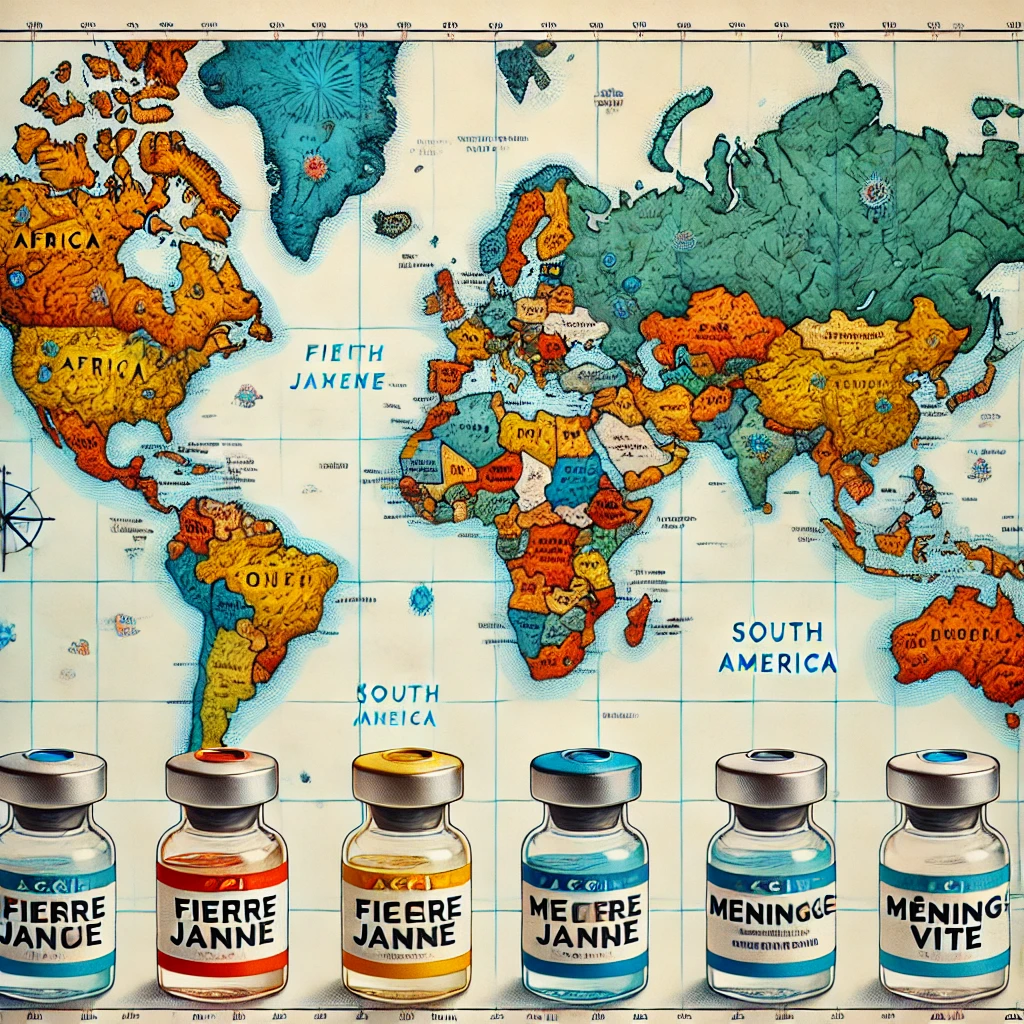 Carte du monde avec des flacons de vaccins marqués "Fièvre Jaune" et "Méningite" sur certaines régions.