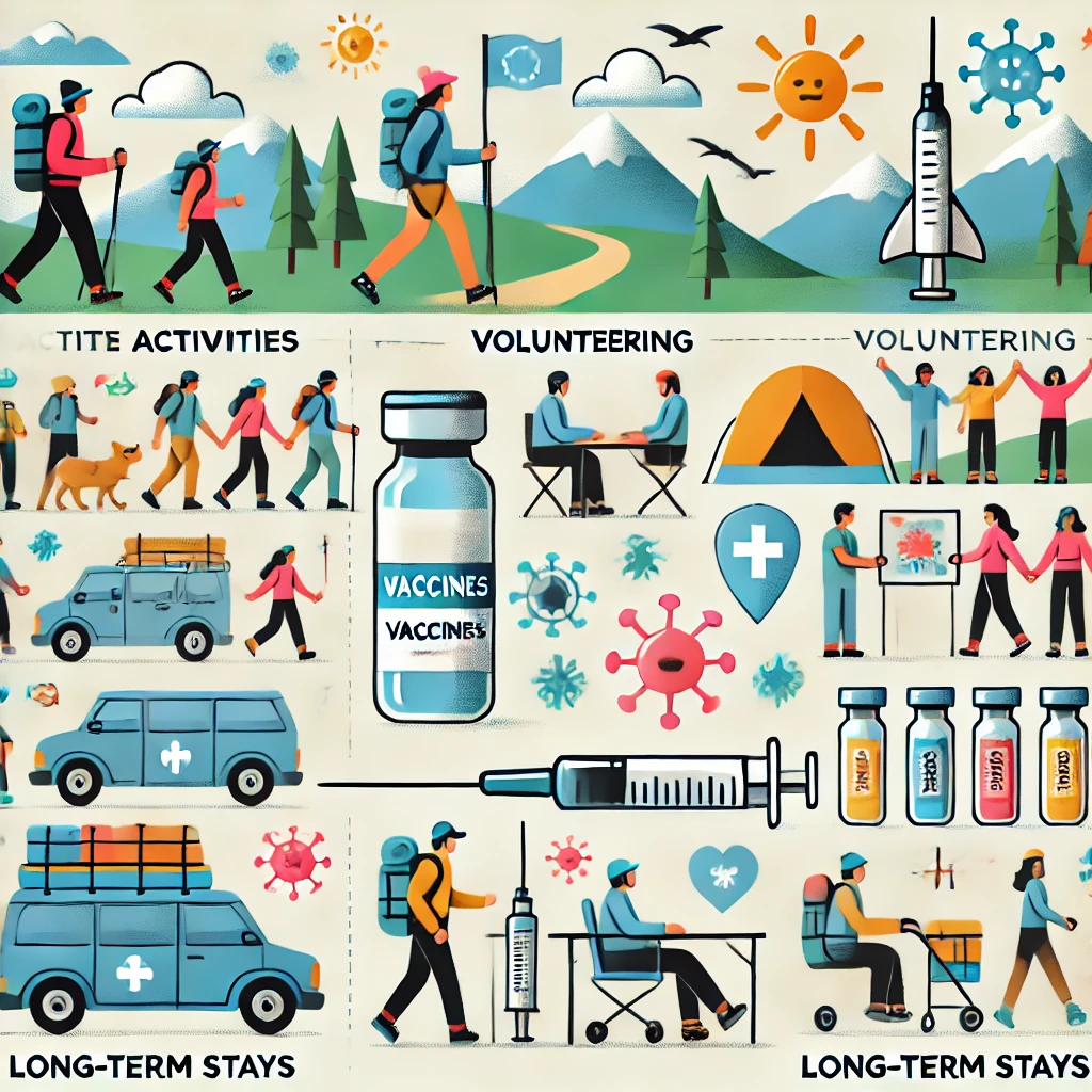 Illustrations de différentes activités comme la randonnée, le volontariat et les séjours prolongés avec des symboles de vaccins.