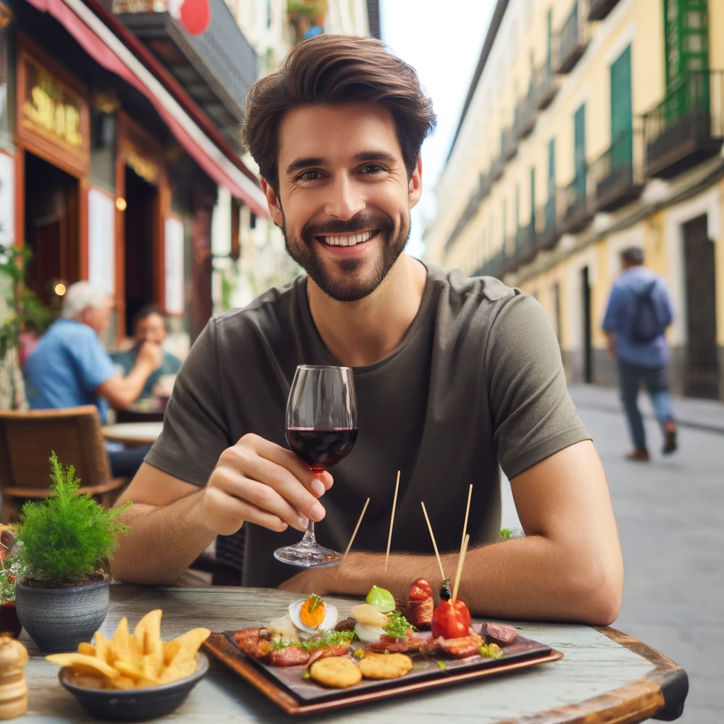 Un voyageur sympathique assis à une table en extérieur dans un bar à tapas espagnol, tenant une assiette de tapas et un verre de vin.