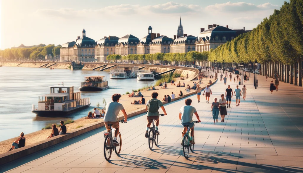Des cyclistes le long des quais de la Garonne à Bordeaux par une journée ensoleillée