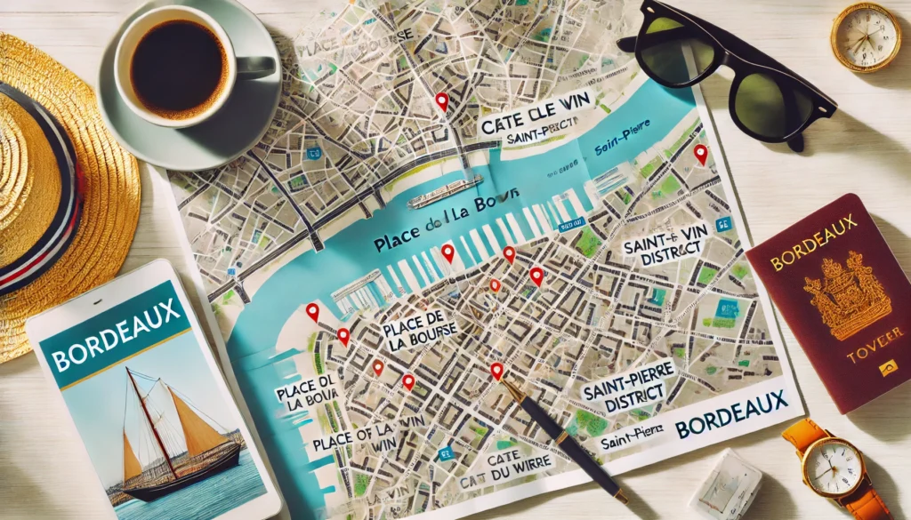 Une carte touristique de Bordeaux avec des points d'intérêt marqués