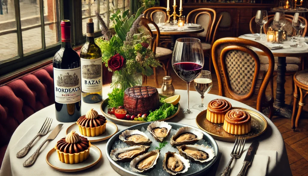 Un plateau de fruits de mer, du bœuf de Bazas, un canelé, et une bouteille de vin de Bordeaux