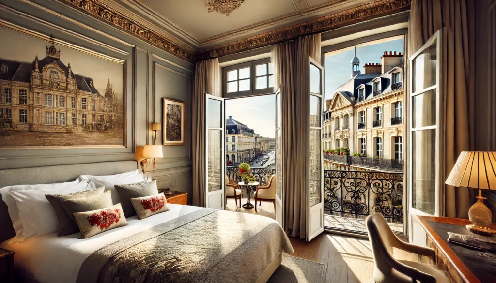 Une chambre d'hôtel élégante avec balcon offrant une vue sur les toits de Bordeaux