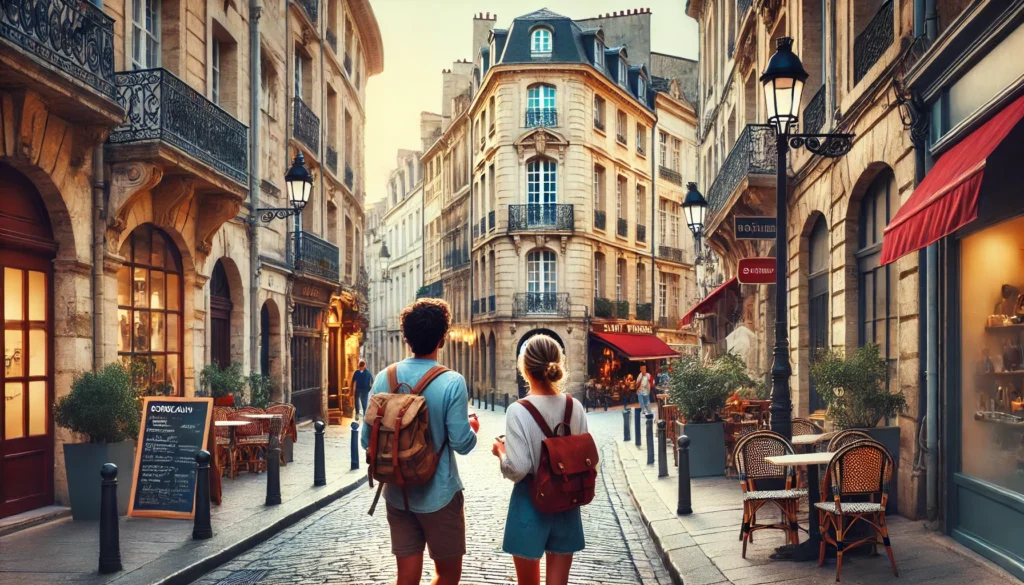 Un couple de touristes explorant les rues charmantes du quartier Saint-Pierre à Bordeaux