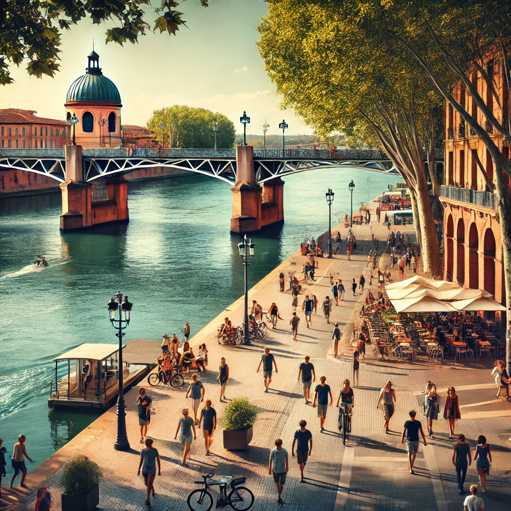 Vue de la Garonne avec des promeneurs le long des quais